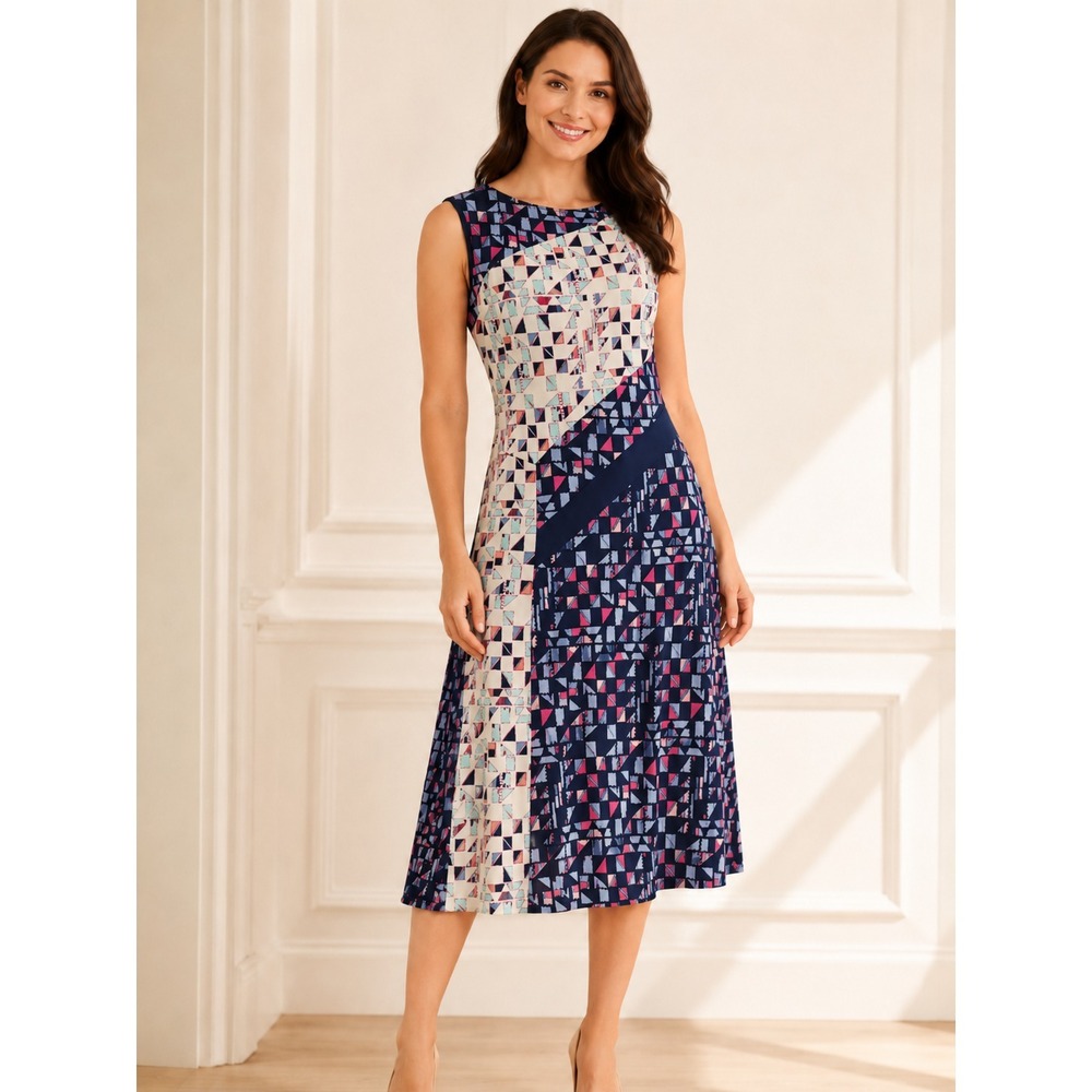 BCBGMaxAzria Kelsee Navy Pink Abstract Geometric Midi Dress M Sleeveless Stretch